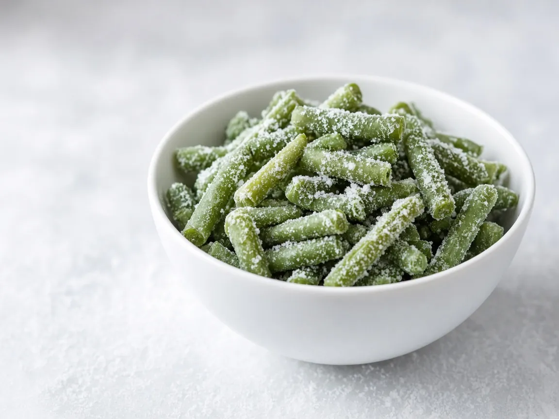 frozen cut green beans in white bowl