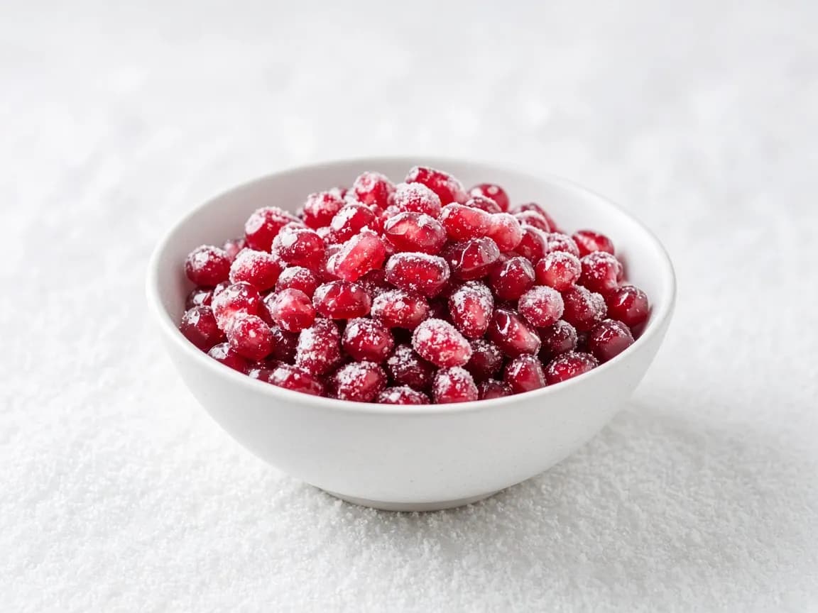 frozen pomegranate arils in white bowl