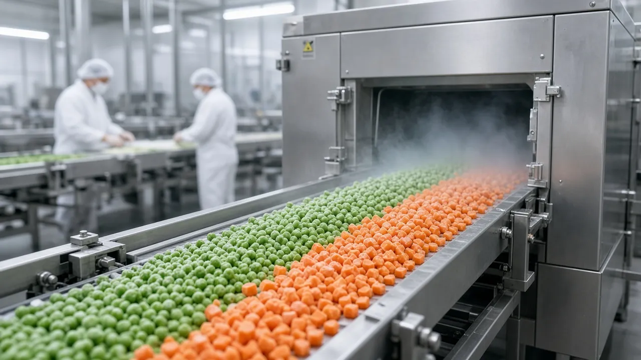 IQF processing line with peas and carrots entering a tunnel freezer